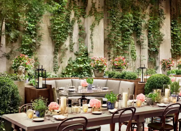 Cafe dengan teras yang dikelilingi oleh tanaman merambat